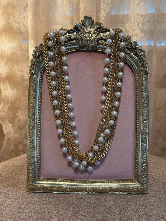Vintage Multi-Strand Gold & Faux Pearl Statement Necklace