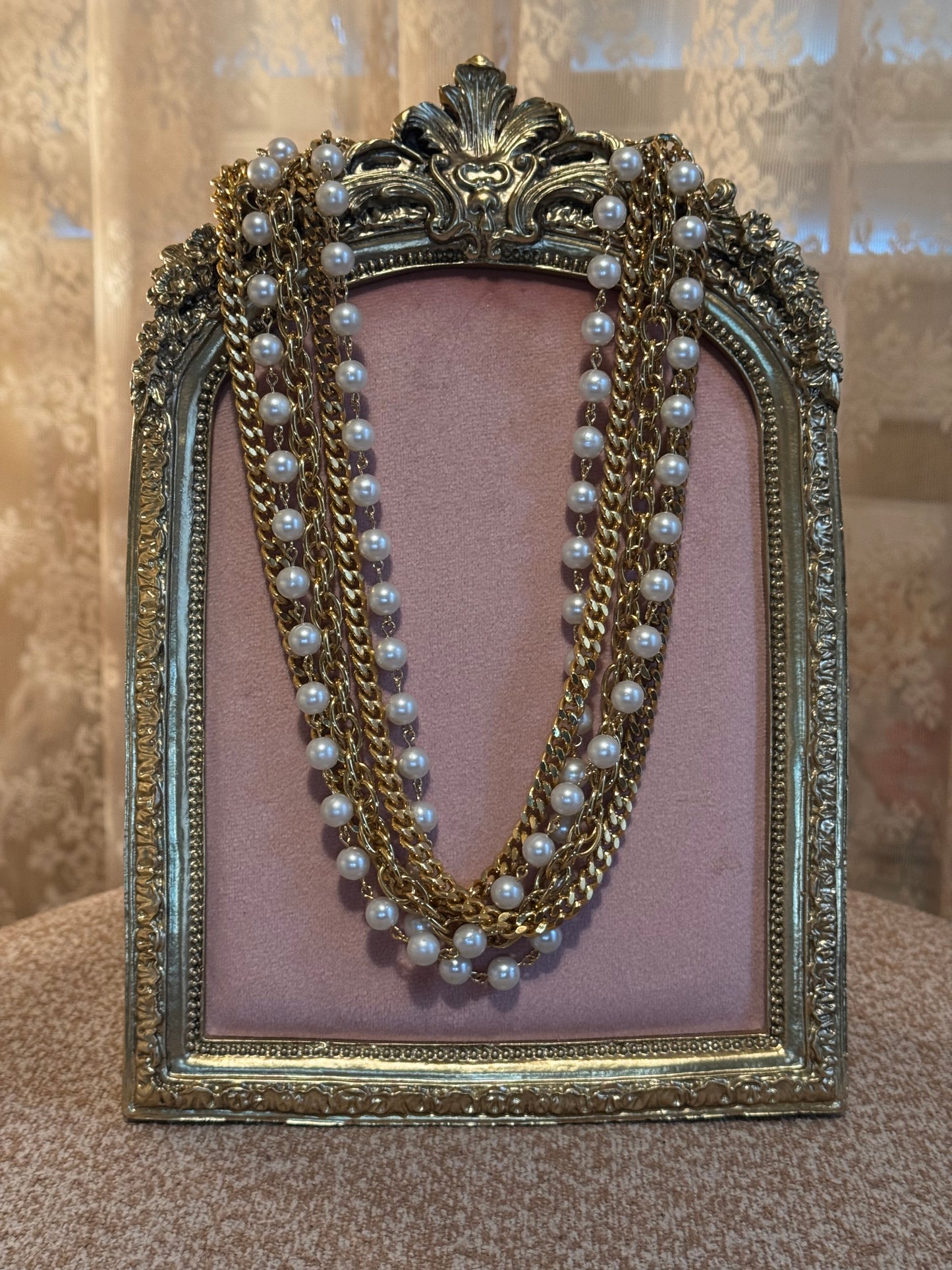 Vintage Multi-Strand Gold & Faux Pearl Statement Necklace