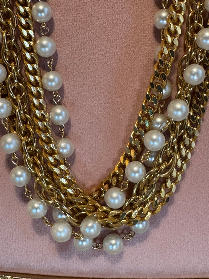 Vintage Multi-Strand Gold & Faux Pearl Statement Necklace