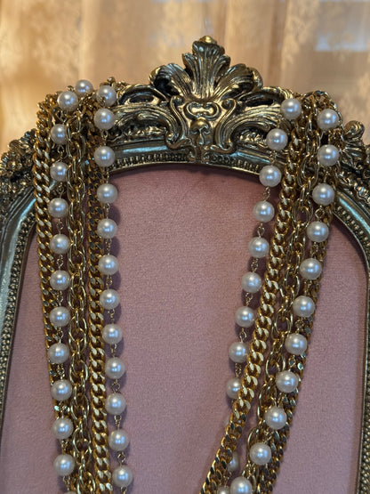 Vintage Multi-Strand Gold & Faux Pearl Statement Necklace