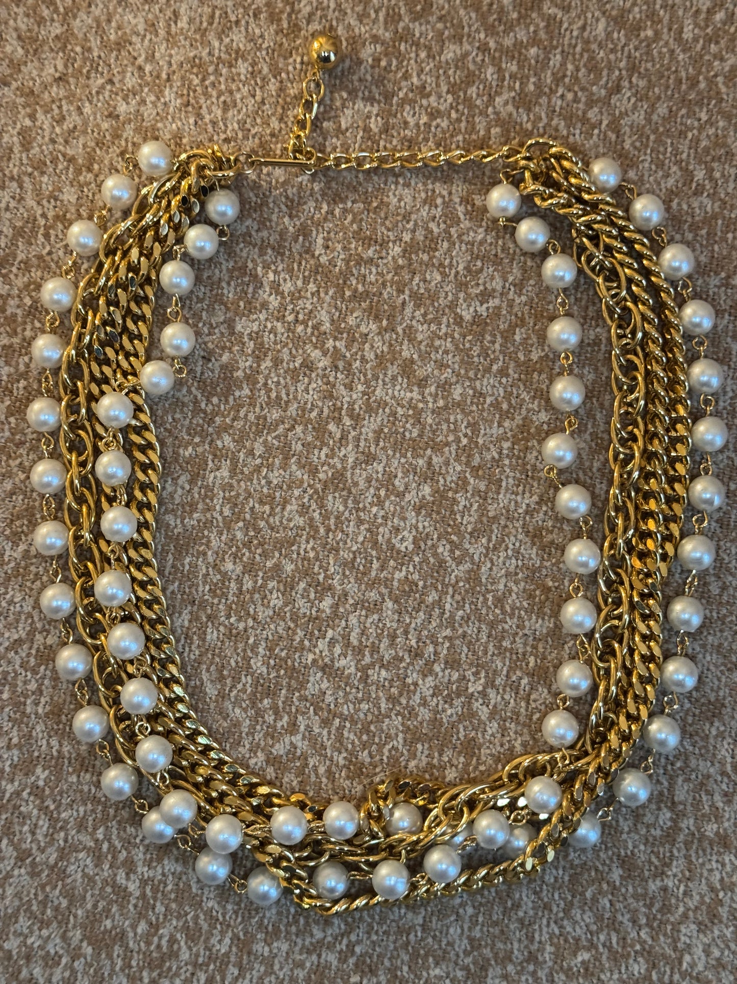 Vintage Multi-Strand Gold & Faux Pearl Statement Necklace