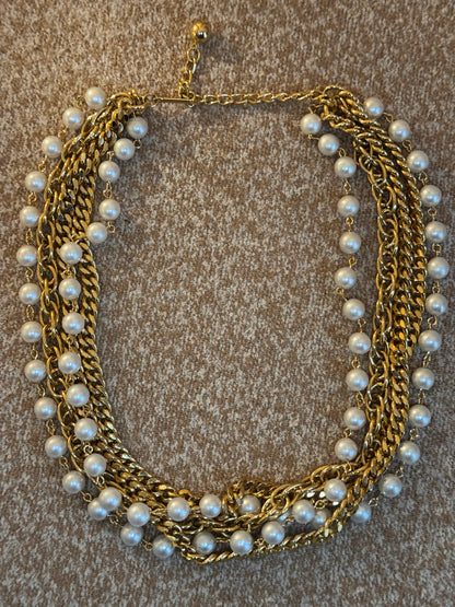 Vintage Multi-Strand Gold & Faux Pearl Statement Necklace