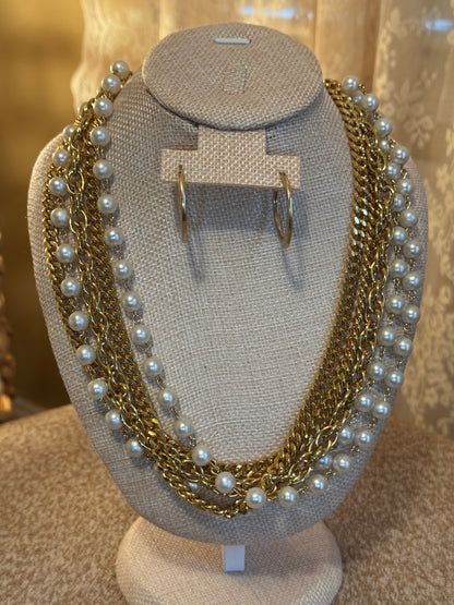 Vintage Multi-Strand Gold & Faux Pearl Statement Necklace