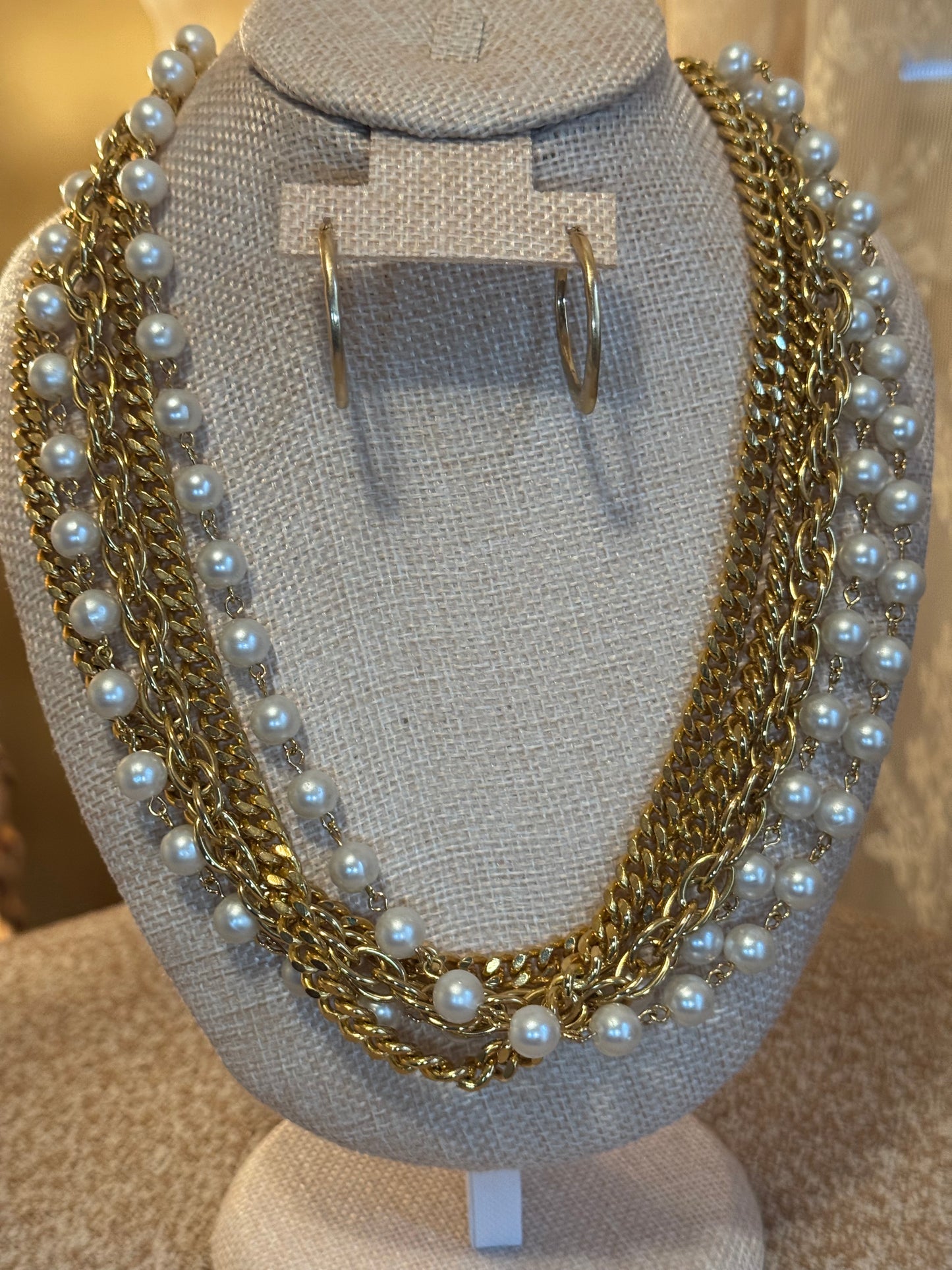 Vintage Multi-Strand Gold & Faux Pearl Statement Necklace