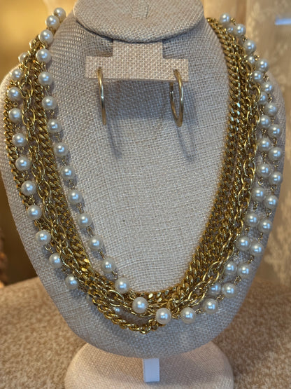 Vintage Multi-Strand Gold & Faux Pearl Statement Necklace