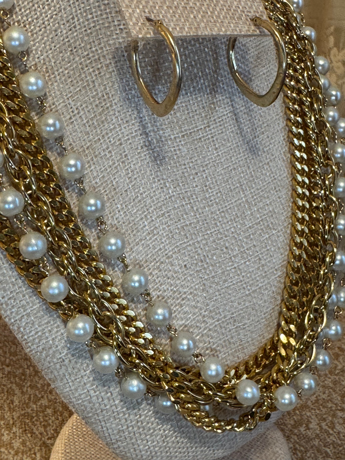 Vintage Multi-Strand Gold & Faux Pearl Statement Necklace