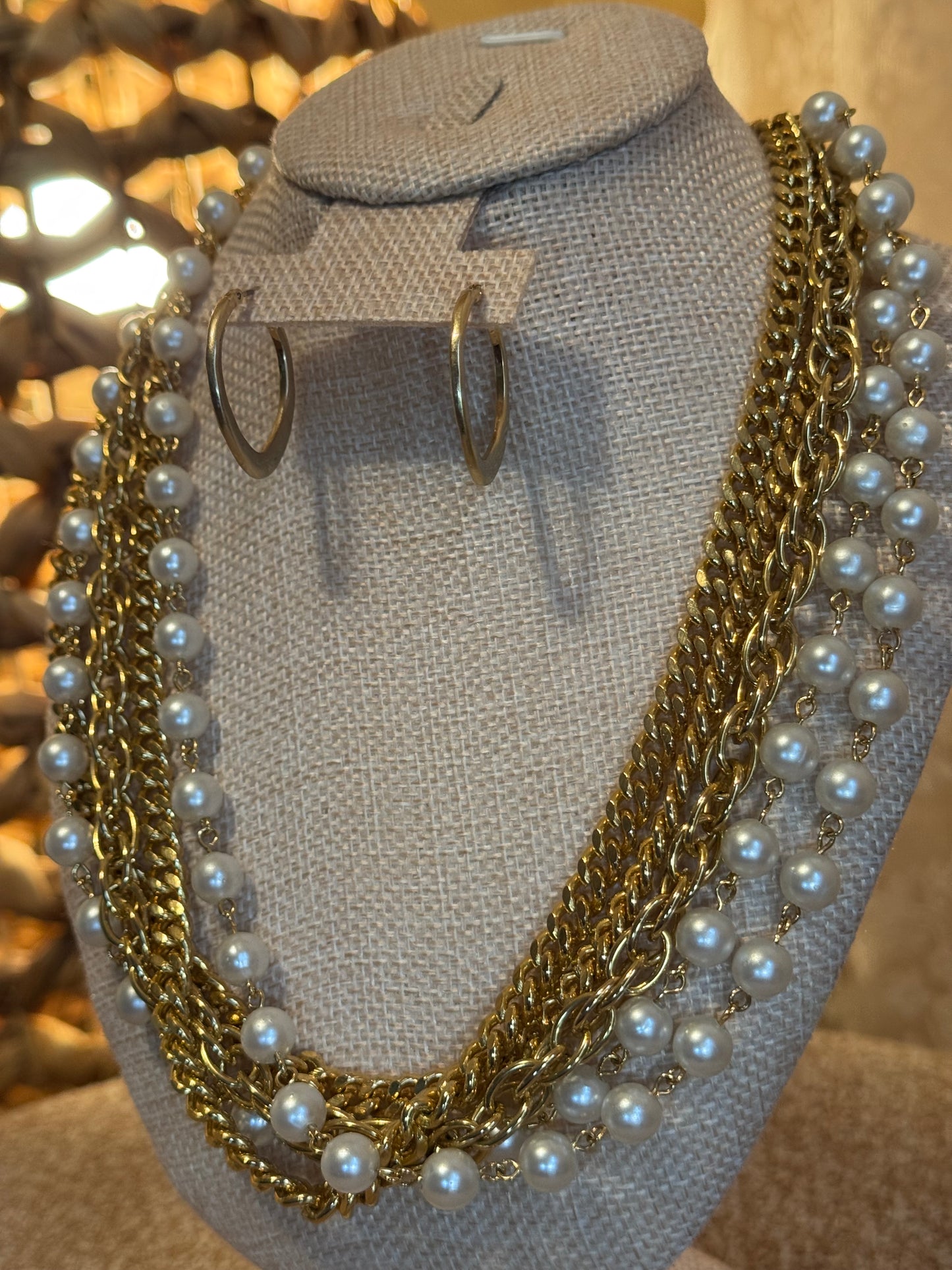 Vintage Multi-Strand Gold & Faux Pearl Statement Necklace