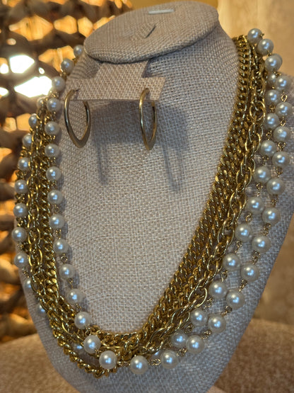 Vintage Multi-Strand Gold & Faux Pearl Statement Necklace