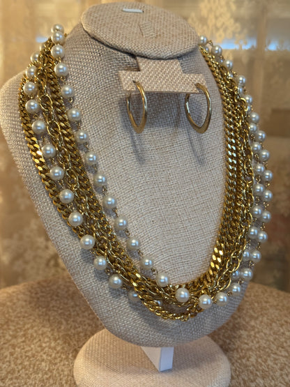 Vintage Multi-Strand Gold & Faux Pearl Statement Necklace