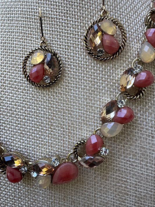 Vintage Signed Napier Mauve & Amber Cabochon Collar Necklace & Earring Set