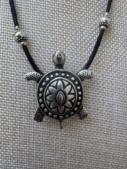 Boho-Chic Vintage Silver Sea Turtle Cord Pendant Necklace