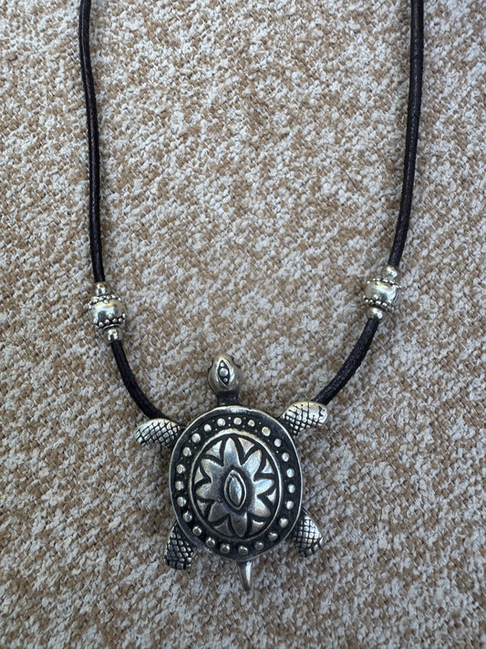Boho-Chic Vintage Silver Sea Turtle Cord Pendant Necklace