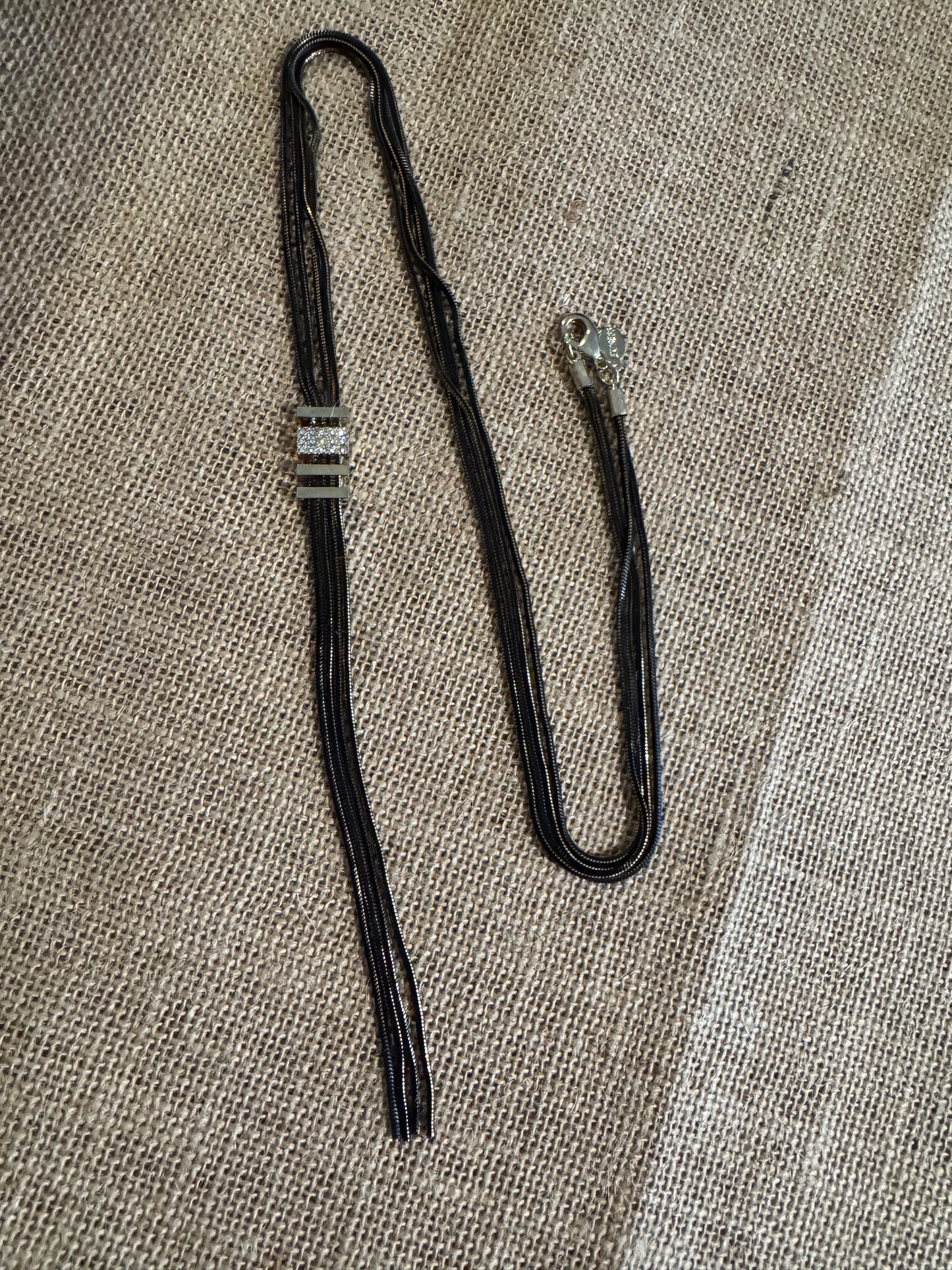 Signed Express Gunmetal Multi-Strand 32" Rhinestone Bar Necklace