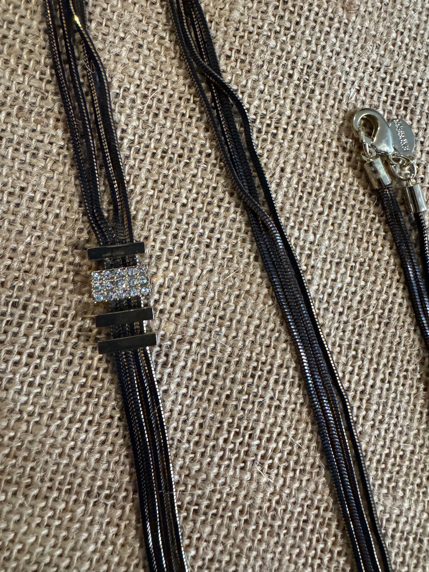 Signed Express Gunmetal Multi-Strand 32" Rhinestone Bar Necklace