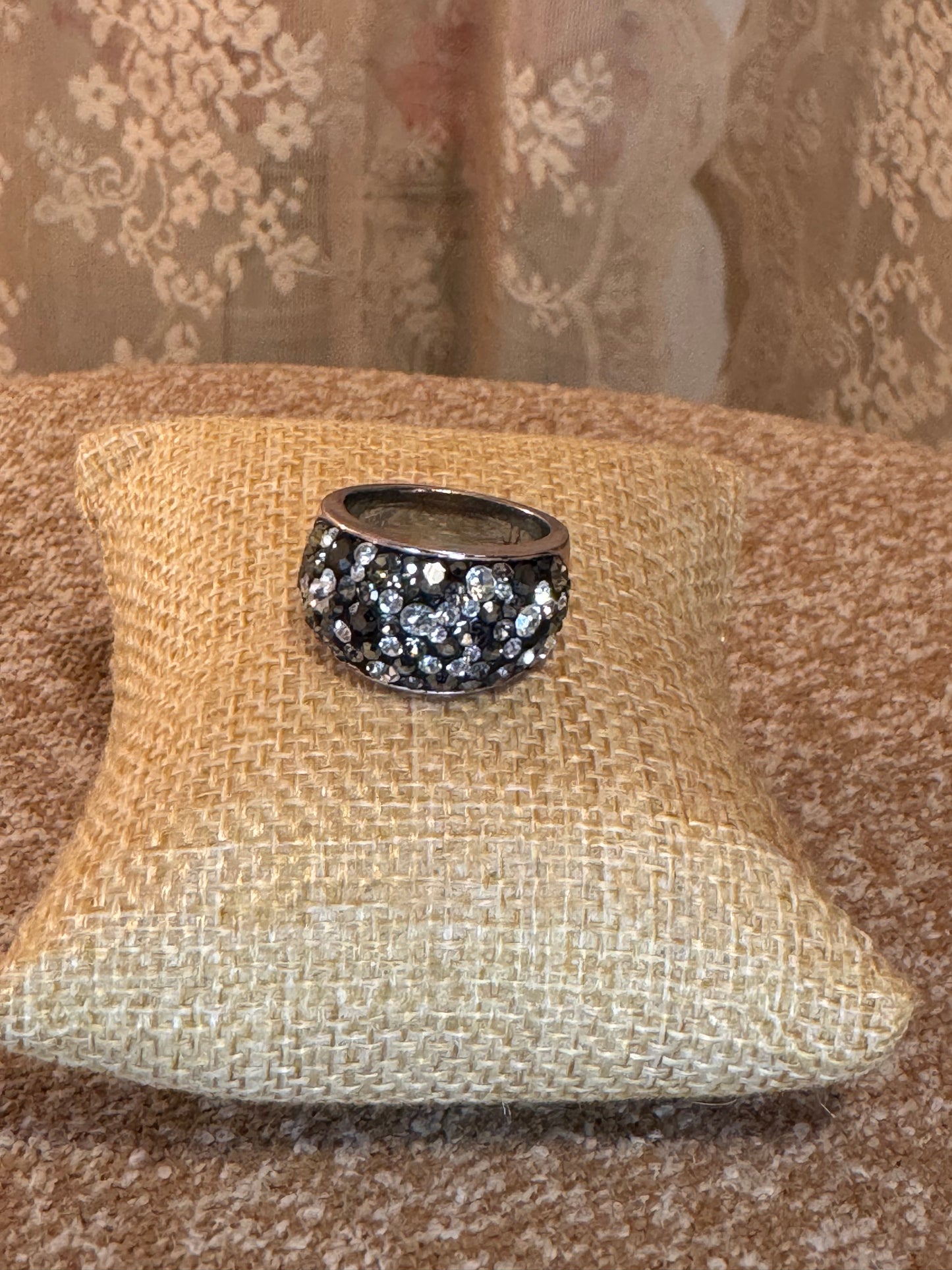Vintage JCM Brass Malaysia Crystal Dome Ring – Silver Tone Pavé Rhinestone Band, Size 8, Signed