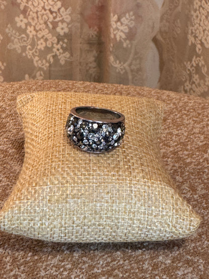 Vintage JCM Brass Malaysia Crystal Dome Ring – Silver Tone Pavé Rhinestone Band, Size 8, Signed