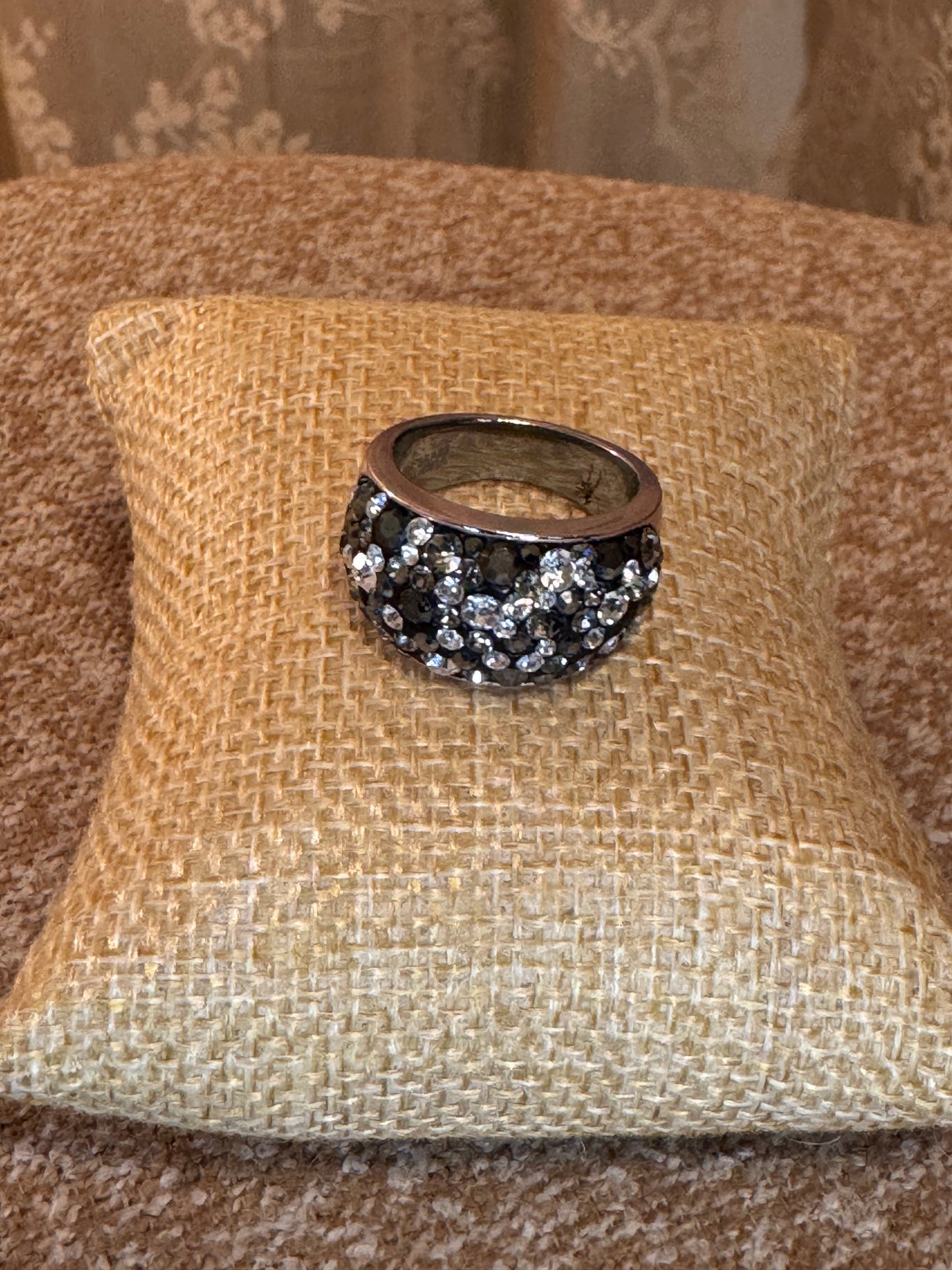 Vintage JCM Brass Malaysia Crystal Dome Ring – Silver Tone Pavé Rhinestone Band, Size 8, Signed