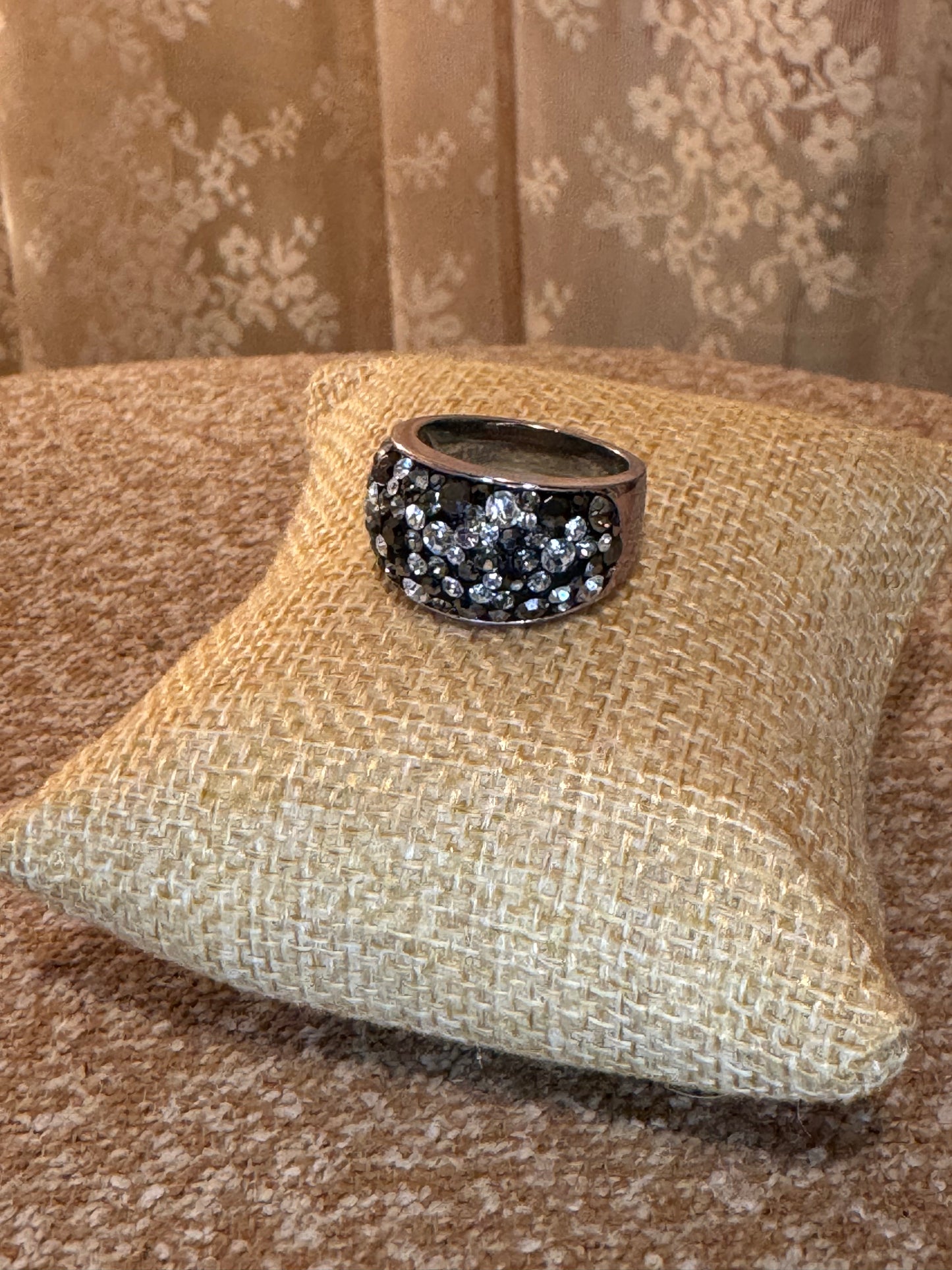 Vintage JCM Brass Malaysia Crystal Dome Ring – Silver Tone Pavé Rhinestone Band, Size 8, Signed