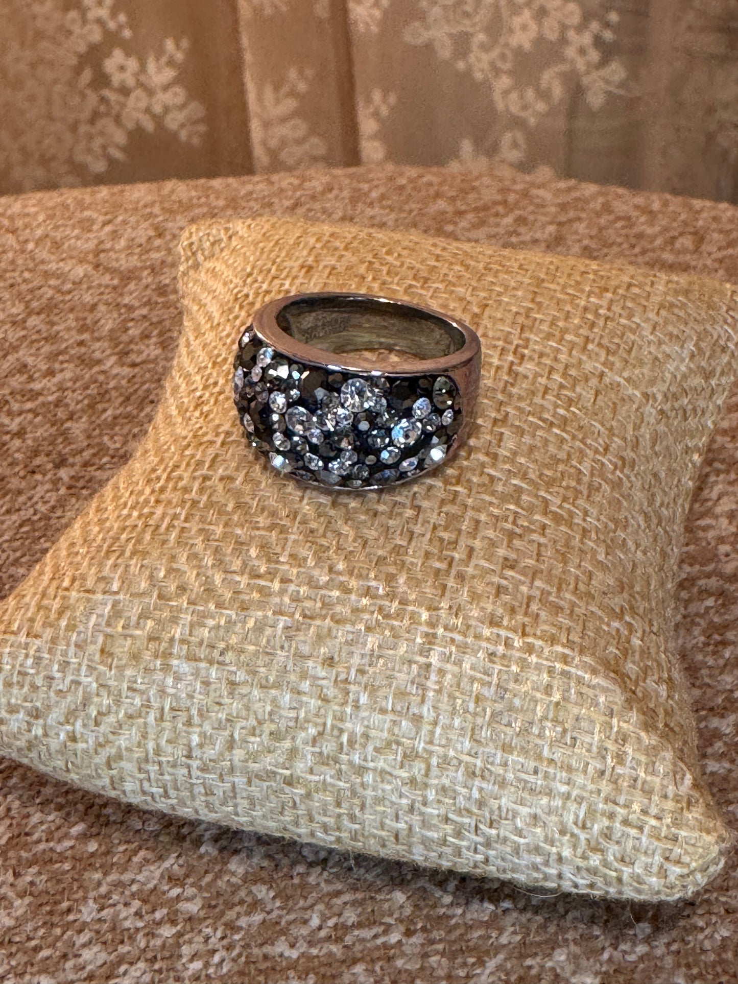 Vintage JCM Brass Malaysia Crystal Dome Ring – Silver Tone Pavé Rhinestone Band, Size 8, Signed