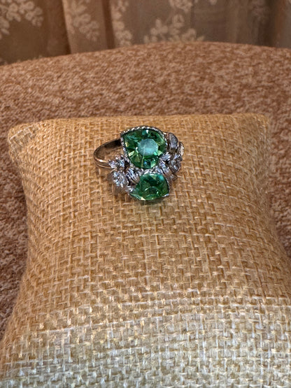 Vintage Sarah Coventry “Love Story” Ring – Green Heart Rhinestones, Silver Tone Floral Design, Adjustable, Signed
