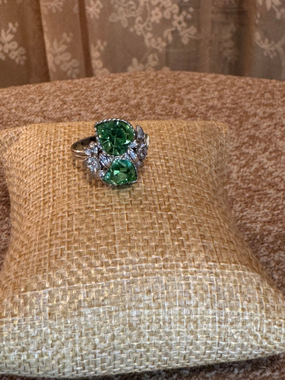 Vintage Sarah Coventry “Love Story” Ring – Green Heart Rhinestones, Silver Tone Floral Design, Adjustable, Signed