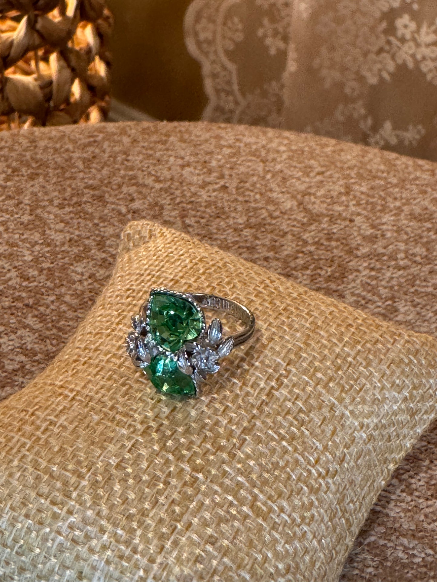 Vintage Sarah Coventry “Love Story” Ring – Green Heart Rhinestones, Silver Tone Floral Design, Adjustable, Signed