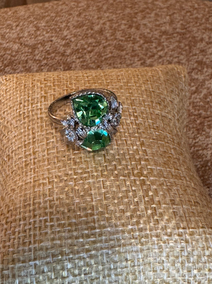 Vintage Sarah Coventry “Love Story” Ring – Green Heart Rhinestones, Silver Tone Floral Design, Adjustable, Signed