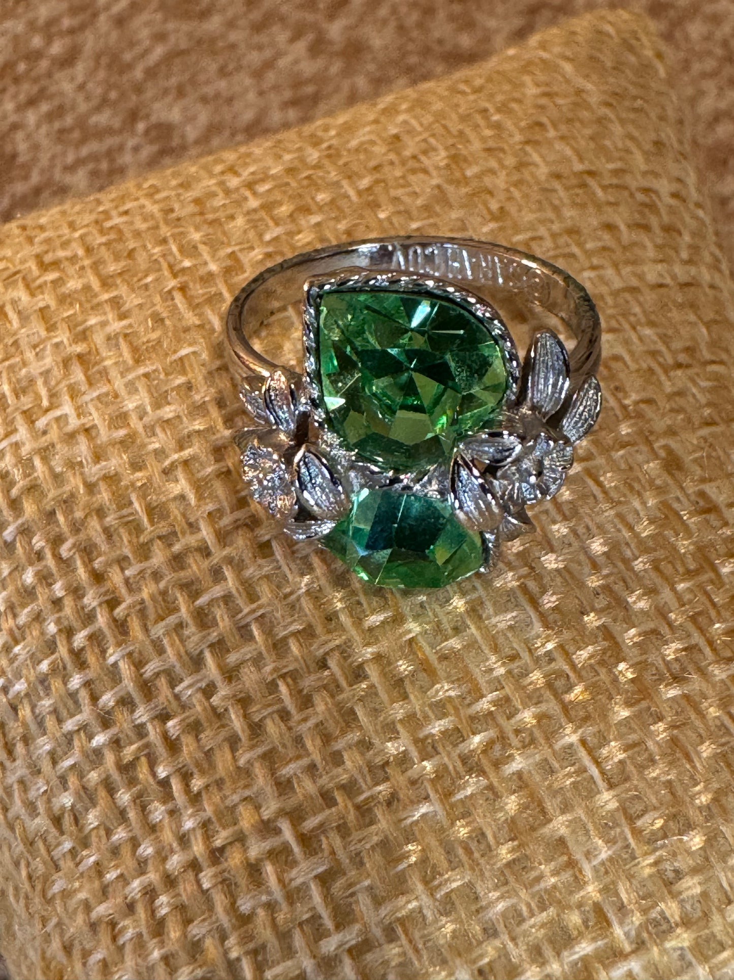 Vintage Sarah Coventry “Love Story” Ring – Green Heart Rhinestones, Silver Tone Floral Design, Adjustable, Signed