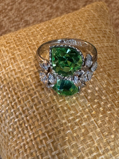 Vintage Sarah Coventry “Love Story” Ring – Green Heart Rhinestones, Silver Tone Floral Design, Adjustable, Signed