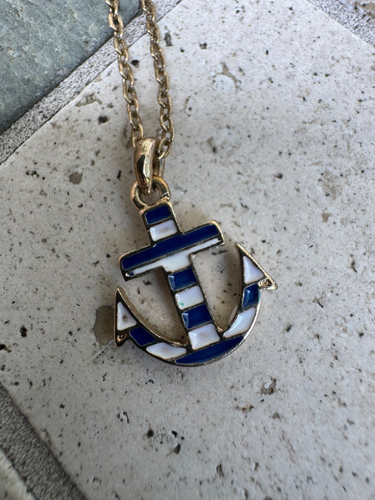 Chic Vintage-Style Glossy Enamel Striped Anchor Necklace