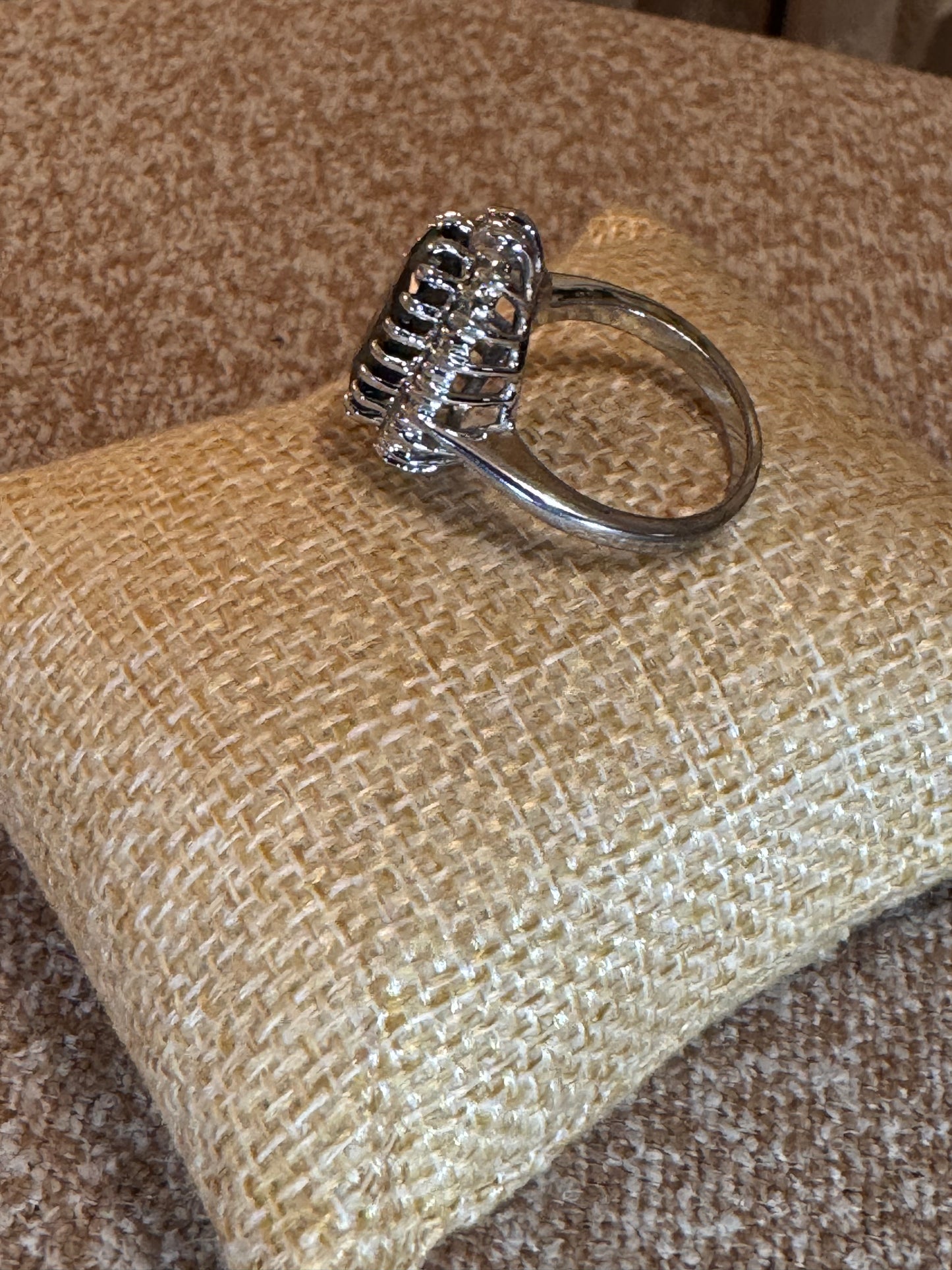 Black Onyx & White Topaz Style Halo Ring – Rhodium Plated Sterling Silver, Size 9.5–10