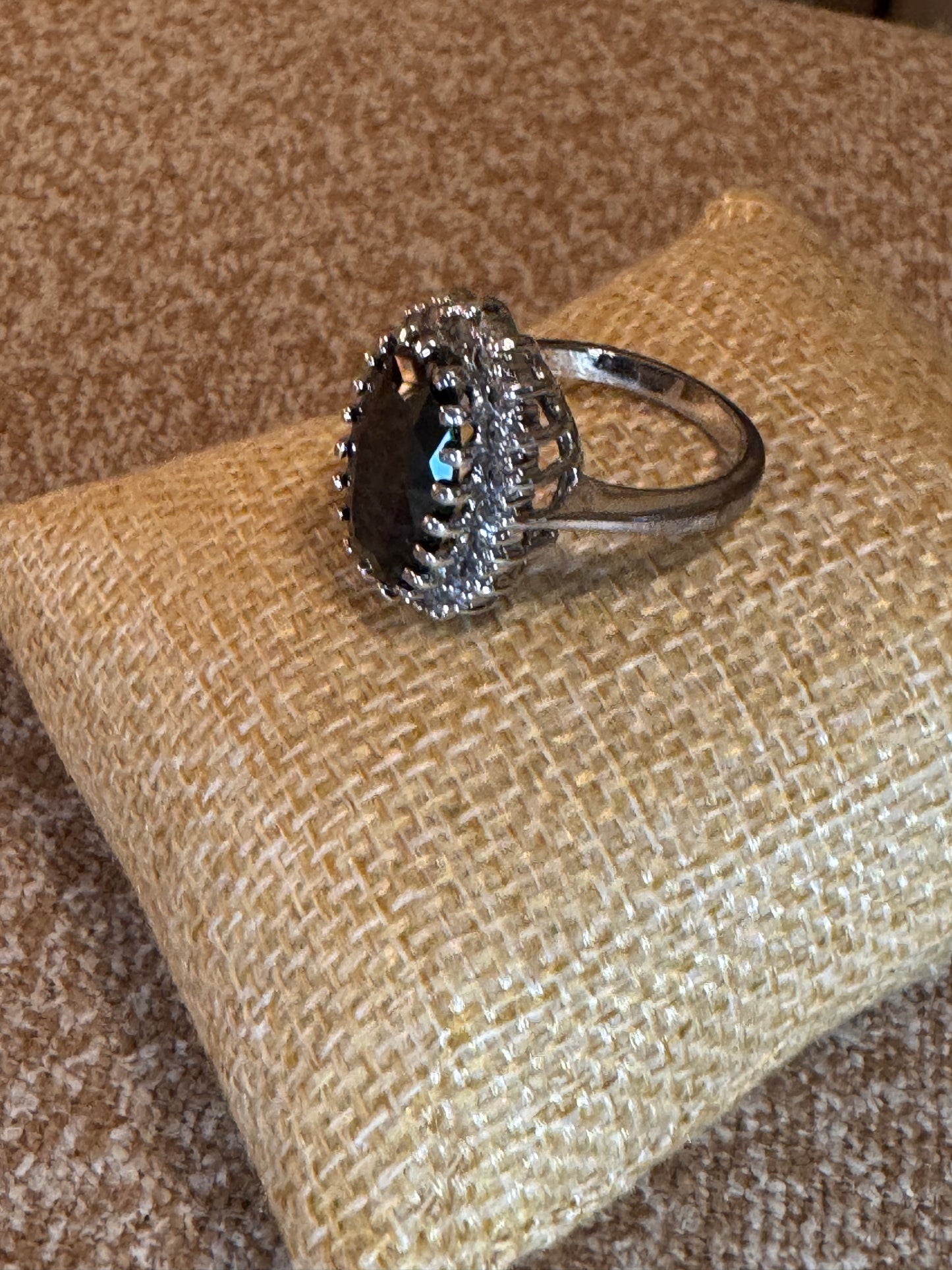 Black Onyx & White Topaz Style Halo Ring – Rhodium Plated Sterling Silver, Size 9.5–10