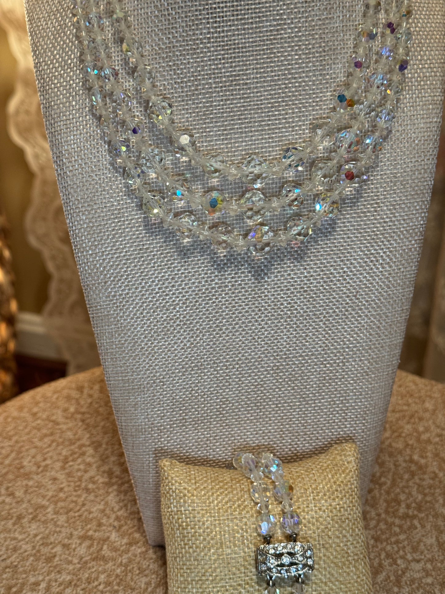 Vintage 1950s Aurora Borealis Graduated Crystal Necklace & Bracelet Set