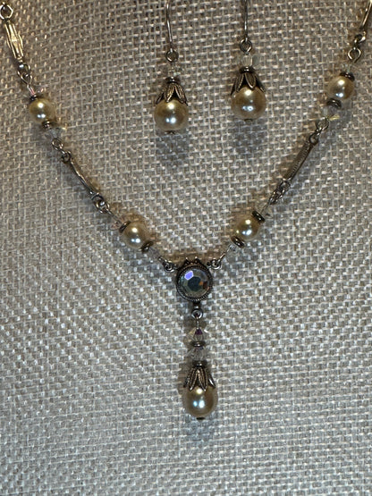 Alison Faye Vintage-Style Faux Pearl & Crystal Drop Necklace and Earring Set