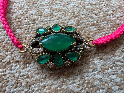 Vintage 925 Silver Turkish Ottoman Emerald Faux Stone Macrame Cord Bracelet