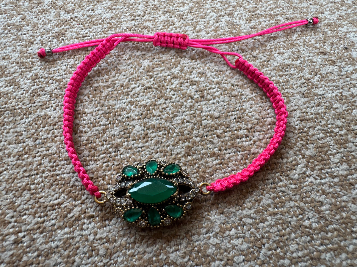 Vintage 925 Silver Turkish Ottoman Emerald Faux Stone Macrame Cord Bracelet