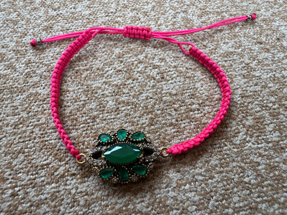 Vintage 925 Silver Turkish Ottoman Emerald Faux Stone Macrame Cord Bracelet