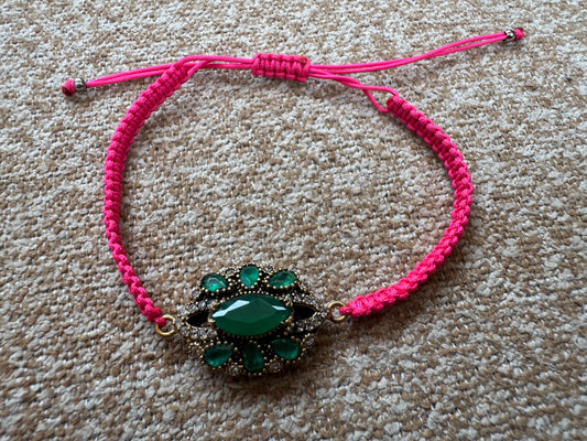 Vintage 925 Silver Turkish Ottoman Emerald Faux Stone Macrame Cord Bracelet
