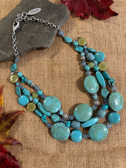 Signed Chico's 24" Turquoise Multi-Strand Statement Necklace – Bold, Colorful, Unforgettable