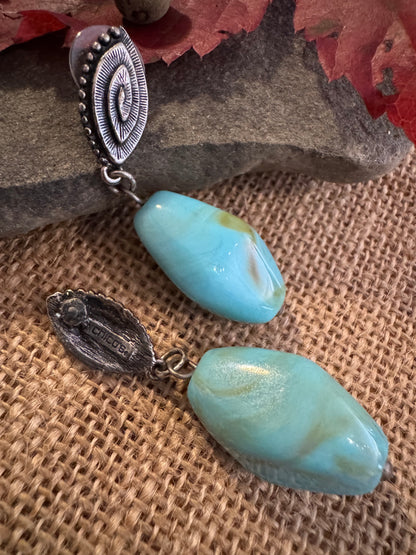Blue-Green Turquoise Dangle Earrings - Silver-Tone Elegance