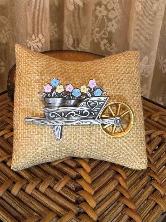 Vintage Jonette Jewelry Co. Wheelbarrow Flower Brooch – Pastel Enamel Pewter Pin, Signed JJ