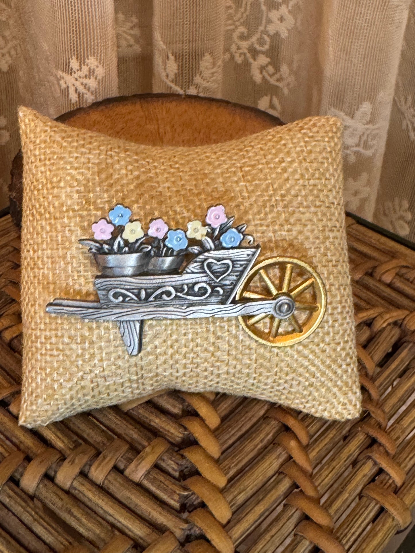 Vintage Jonette Jewelry Co. Wheelbarrow Flower Brooch – Pastel Enamel Pewter Pin, Signed JJ