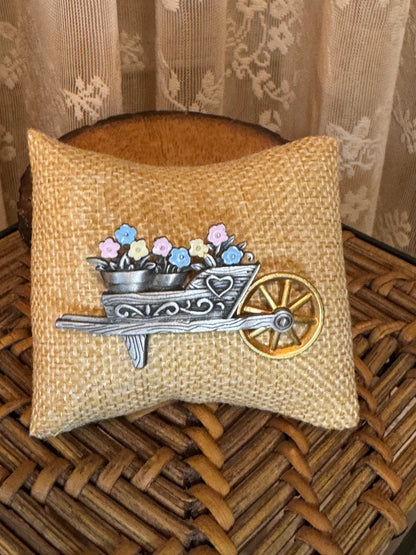 Vintage Jonette Jewelry Co. Wheelbarrow Flower Brooch – Pastel Enamel Pewter Pin, Signed JJ