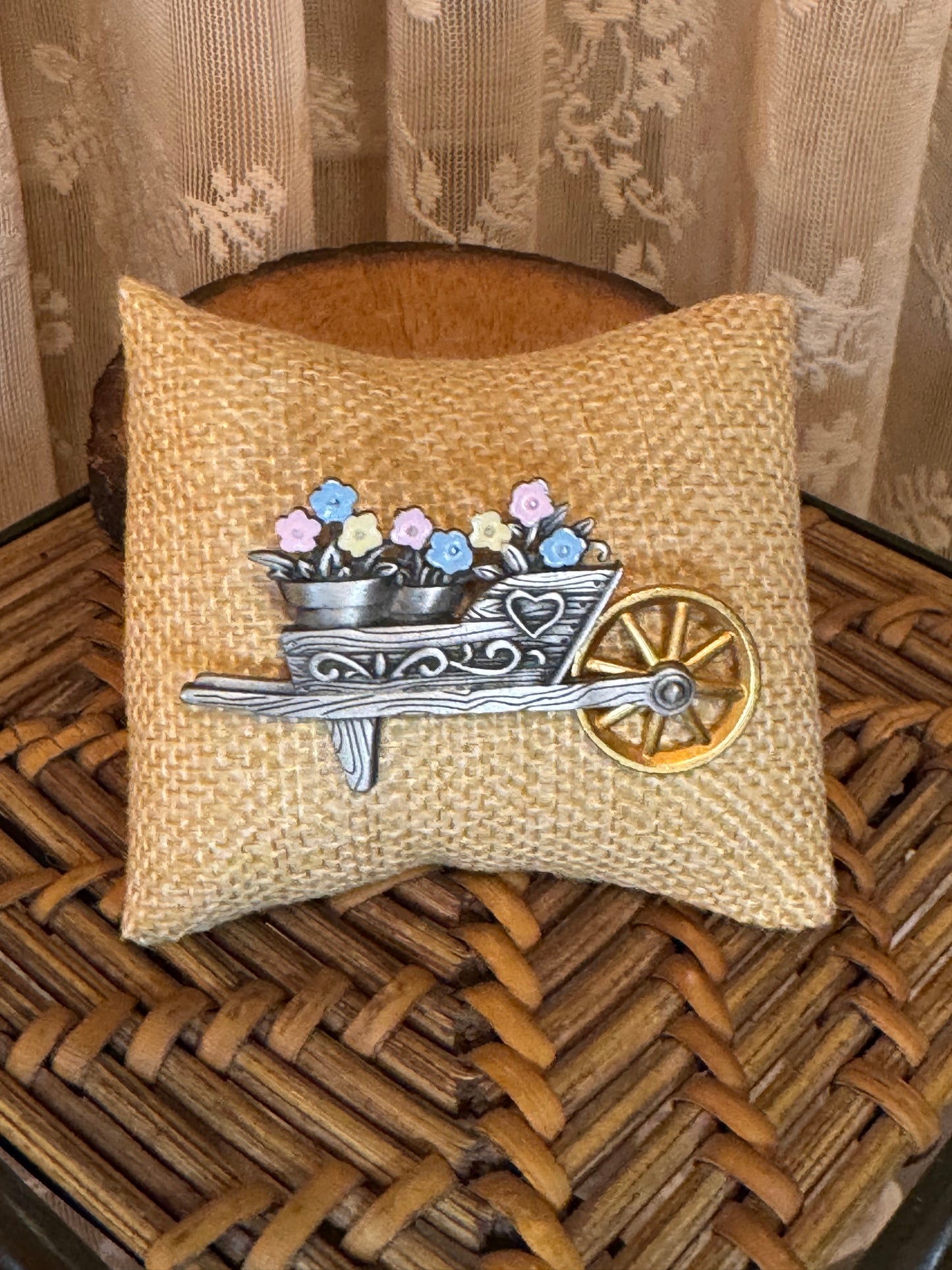 Vintage Jonette Jewelry Co. Wheelbarrow Flower Brooch – Pastel Enamel Pewter Pin, Signed JJ