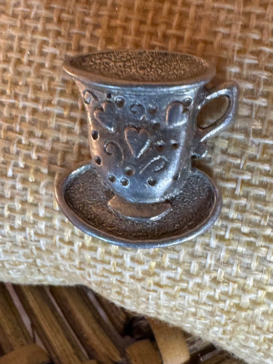 Vintage Heart-Embossed Tea Cup Pewter Pin – Silver-Tone Lapel or Push Pin