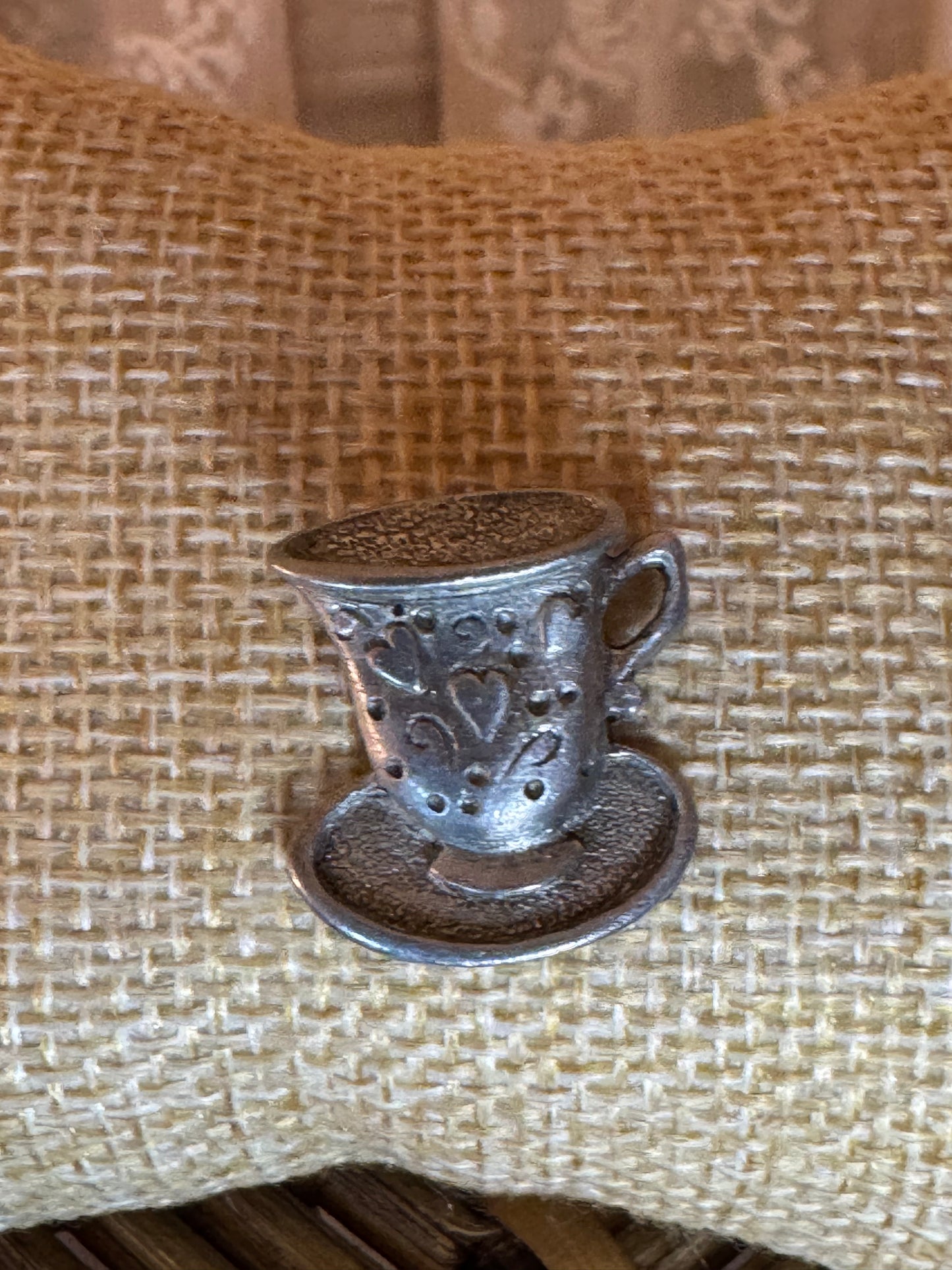 Vintage Heart-Embossed Tea Cup Pewter Pin – Silver-Tone Lapel or Push Pin
