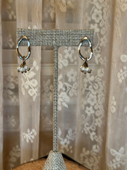 Organic Gold Hoop Earrings with Pearl Cluster Drops