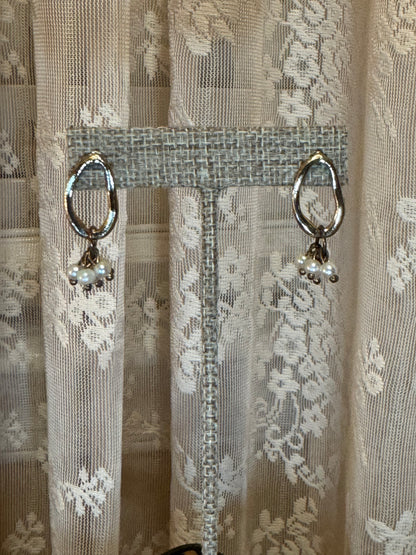 Organic Gold Hoop Earrings with Pearl Cluster Drops