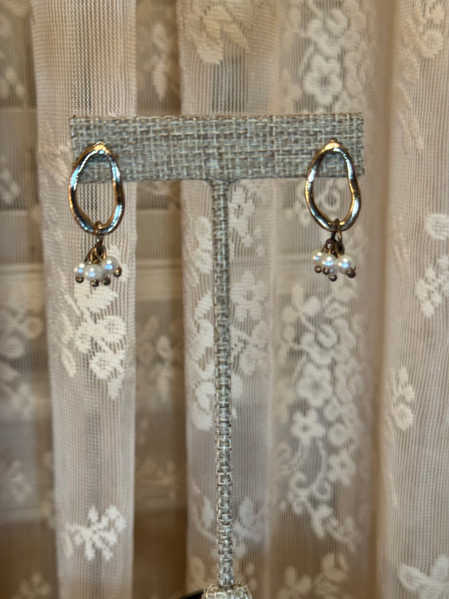 Organic Gold Hoop Earrings with Pearl Cluster Drops
