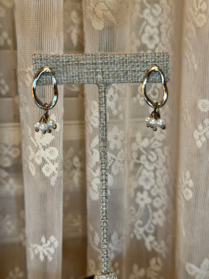 Organic Gold Hoop Earrings with Pearl Cluster Drops